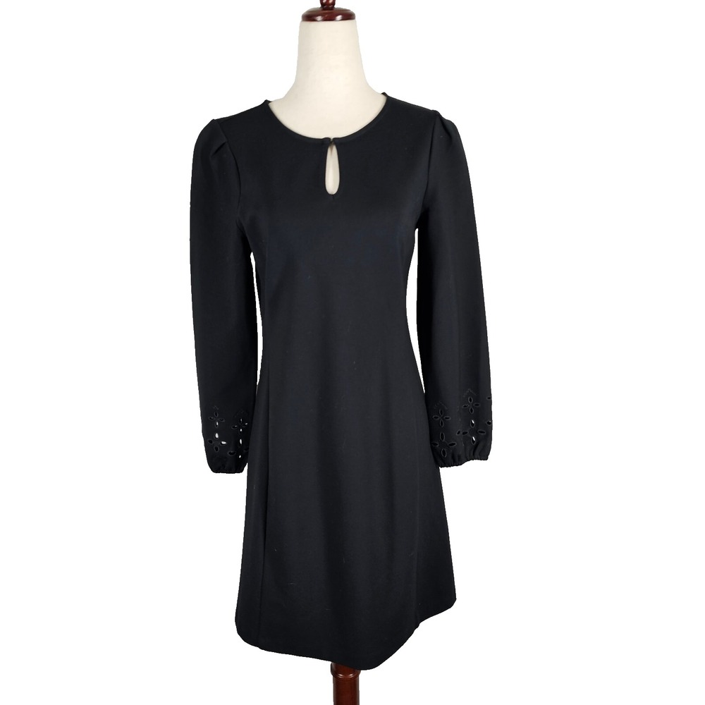 Ann Taylor - Petite SP Black Eyelet Keyhole Ponte Shift Dress Stretch EUC